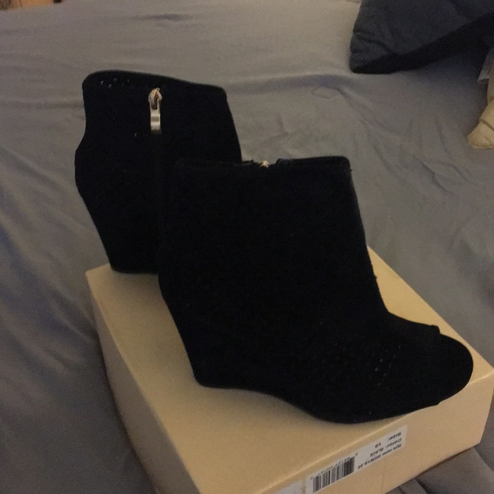 Black wedge peep toe suede booties